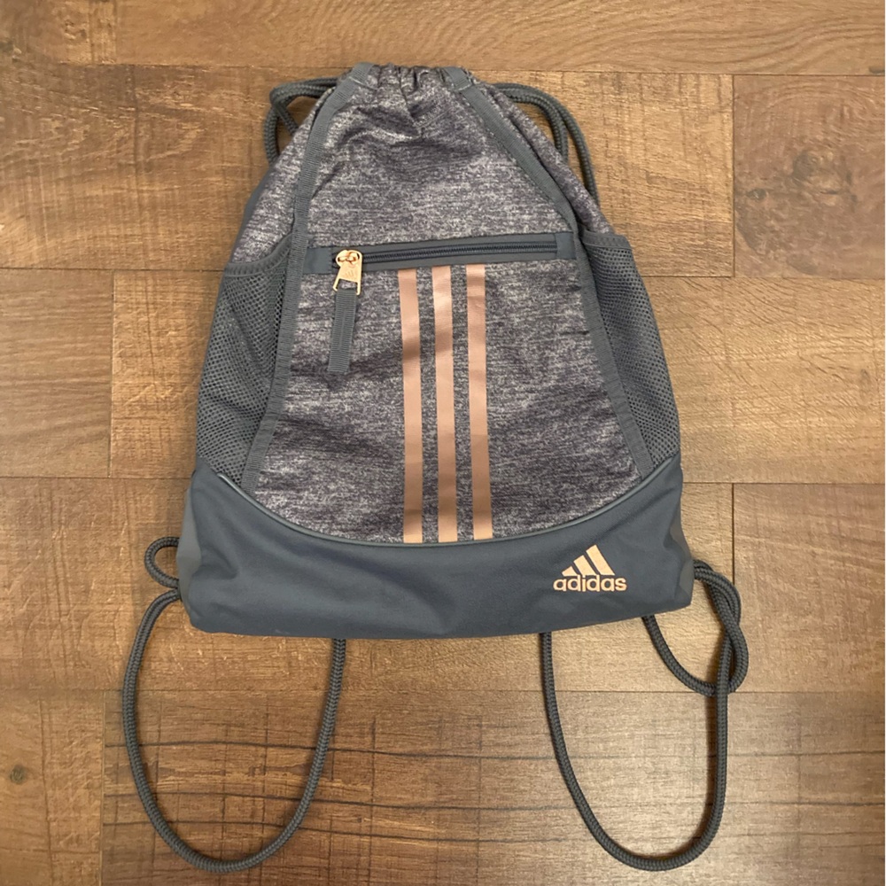Adidas Gray Drawstring Backpack Bag w/ Rose Gold Accent Details EUC